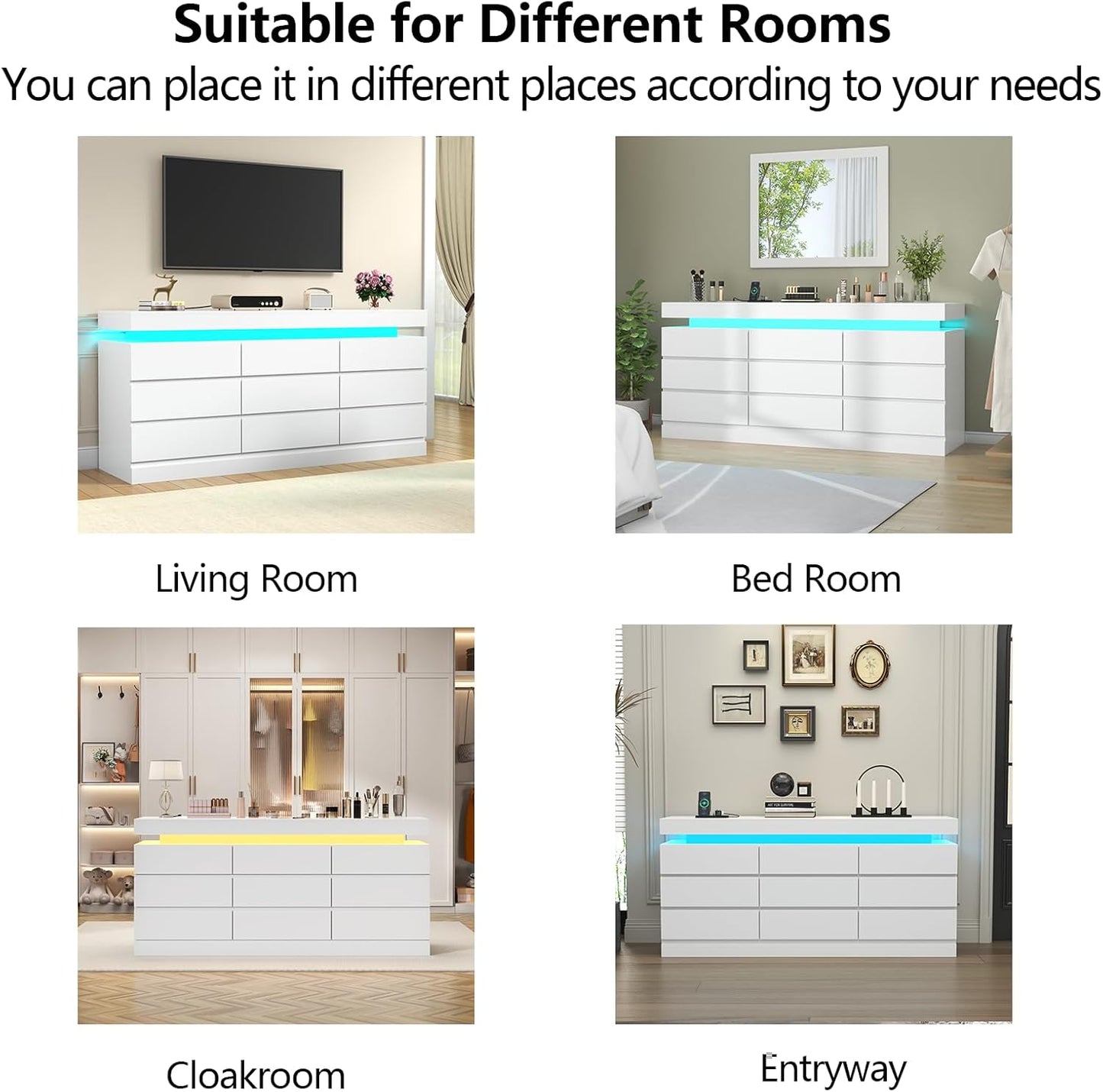 9 Drawer Dresser with Power Outlet, Dresser with LED Light, Modern Chest of Drawers for Closet, Double Wide Drawer Organizer Cabinet for Bedroom, Living Room (White, 9 Drawers)