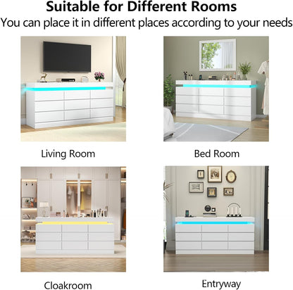 9 Drawer Dresser with Power Outlet, Dresser with LED Light, Modern Chest of Drawers for Closet, Double Wide Drawer Organizer Cabinet for Bedroom, Living Room (White, 9 Drawers)