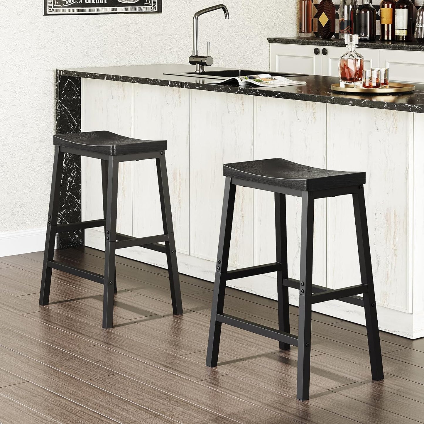 Bar Stools, Set of 2 Bar Chairs, 23.6 Inch Saddle Stools, Kitchen Counter Stools with Footrests, Industrial for Dining Room, Kitchen, Counter, Black BB02MD01