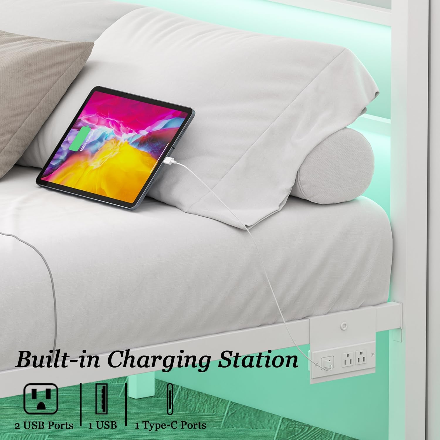 Full Size Bed Frame with Charging Station & LED Lights, Full Metal Platform Bed Frame with Headboard and Footboard, Storage Space under Bed, No Box Spring Needed, Noise Free, Easy Assembly, White