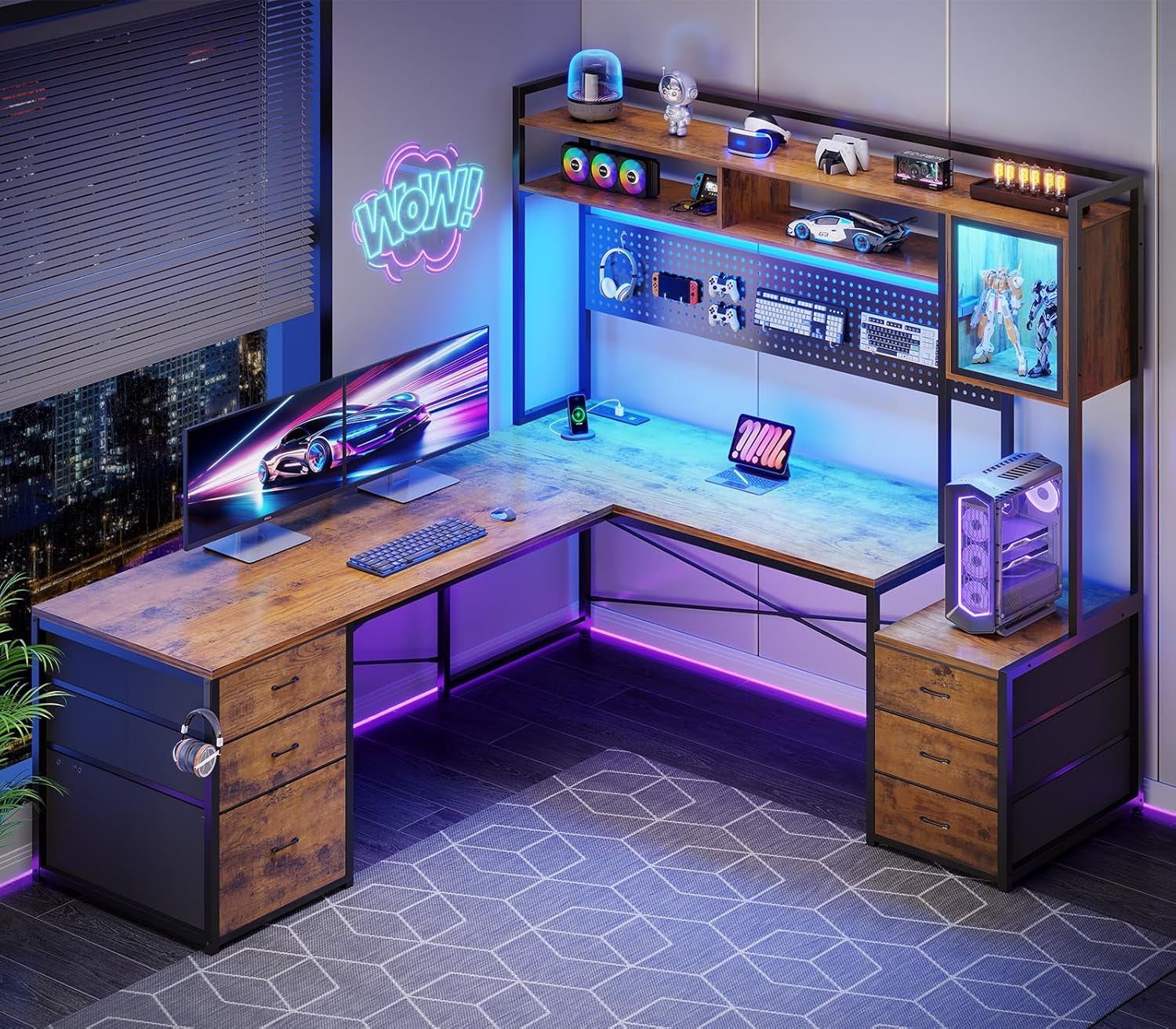 L Shaped Gaming Desk with 6 Drawers, Reversible Computer Office Desk with File Drawer, Hutch, Storage Shelves, Gaming Corner Desk with Led Lights, Power Outlet for Two Person, Rustic Brown