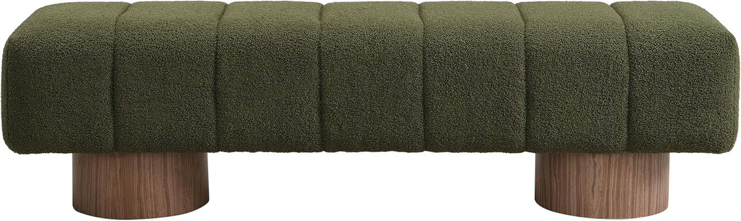 Upholstered Dining Bench, End of Bed Entryway Bench Ottoman for Bedroom Living Room, Dining Room, Green Boucle Fabric Stool Top Wood Leg, 300 LBS Weight Capacity, No-Assembly, Green