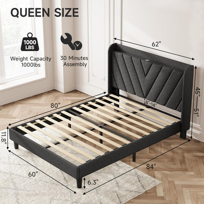 Queen Bed Frame with Headboard, Adjustable Upholstered Platform Bed Frame with Type-C&Usb Ports, Wingback Storage Headboard, Solid Wood Slats Support, No Box Spring Needed, Dark Gray