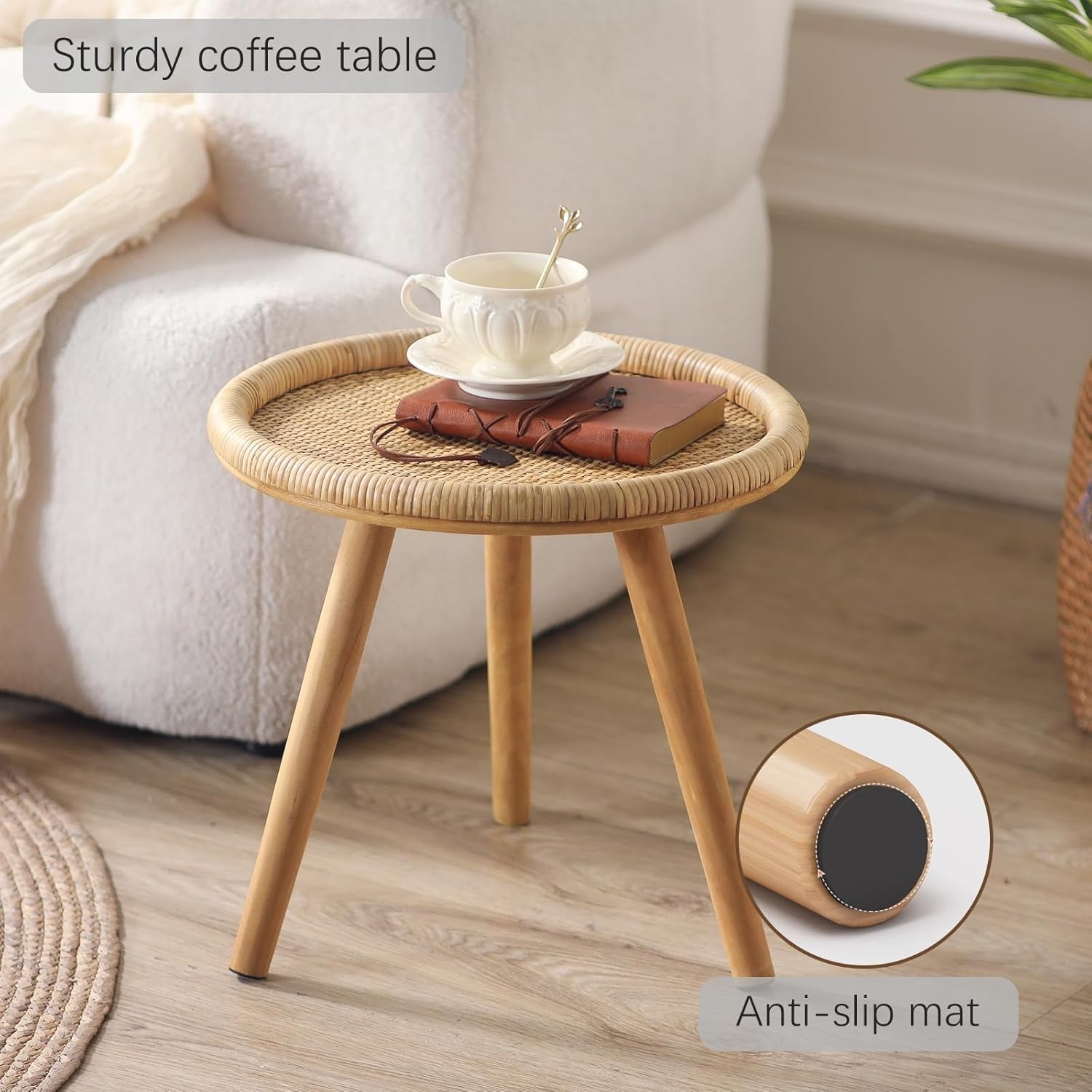 Small Side Table, Rattan round Coffee Table, Boho Circle Side Tables End Table for Living Room, Mid Century Accent Table for Bedroom Balcony