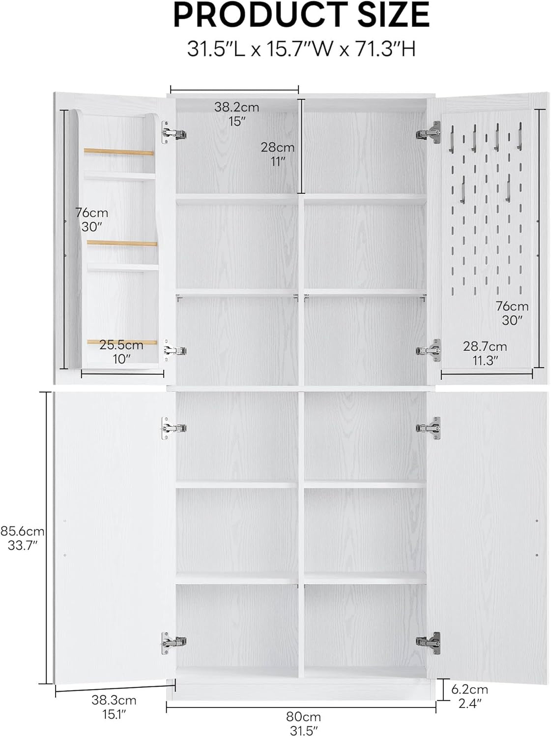 71" Kitchen Pantry Storage Cabinet with Storage Rack, Pegboard Doors, 4 Adjustable Shelves, Food Pantry Cabinet, Freestanding Tall Cupboard for Dining Room, Kitchen, White