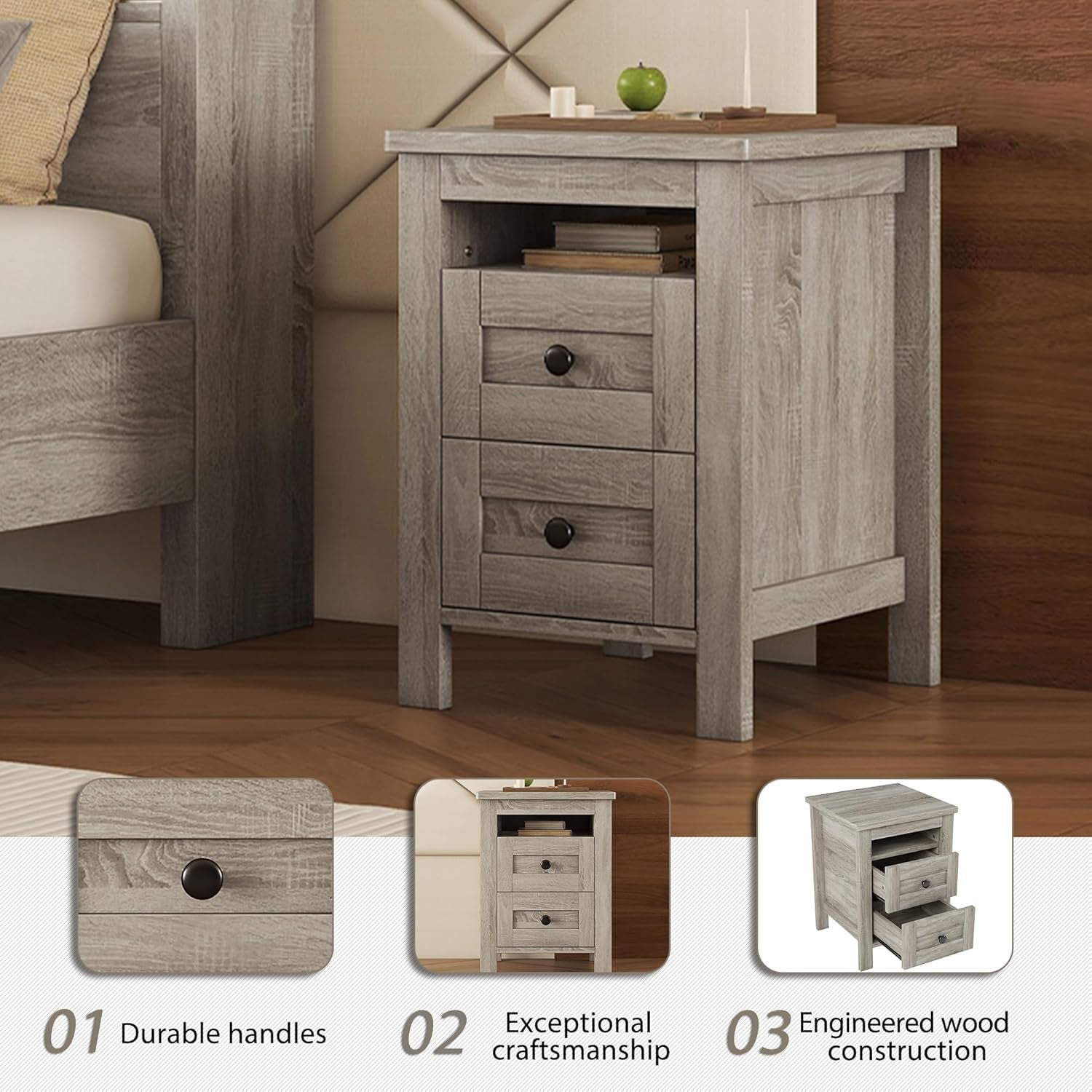 Farmhouse 3-Pieces Bedroom Sets, Queen Size Platform Bed with a Nightstand and 6-Drawer Storage, Wood Platform Bed with Double Sliding Door Storage Headboard and Charging Station (Antique Gray-3)