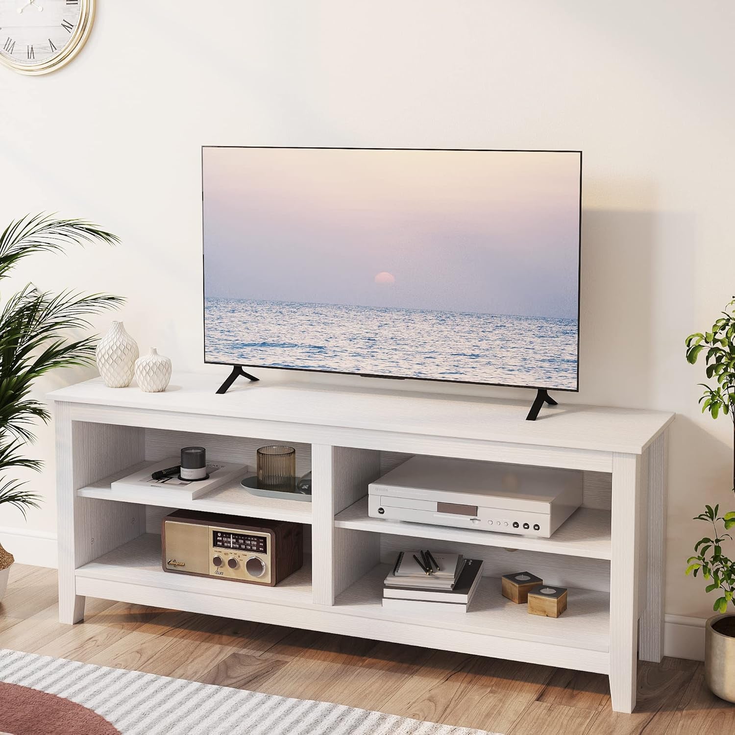 Modern TV Stand for 65 Inch TV, White Wood TV Cabinet with 4 Open Storage Shelves, Fits 50-65 Inch Tvs, 55 Inches W X 15 Inches D X 22.8 Inches H