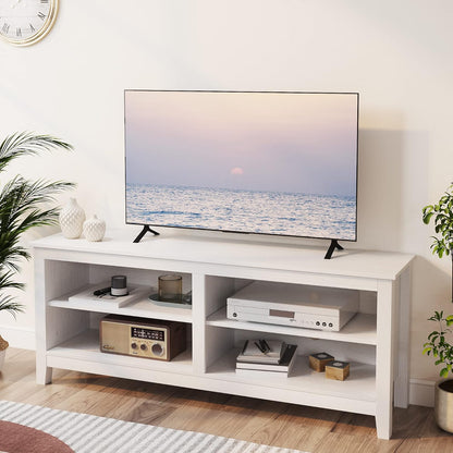 Modern TV Stand for 65 Inch TV, White Wood TV Cabinet with 4 Open Storage Shelves, Fits 50-65 Inch Tvs, 55 Inches W X 15 Inches D X 22.8 Inches H