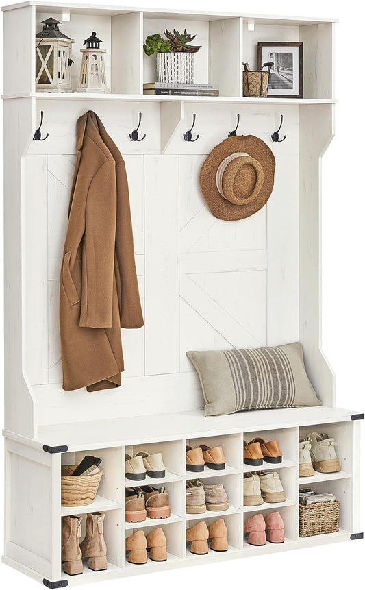 Hall Tree with Bench and Shoe Storage, Coat Rack with Shoe Bench, Entryway Furniture, 16 Open Compartments, 6 Tri-Hooks, Farmhouse Style, Space Saving, Rustic White UHSR427W02