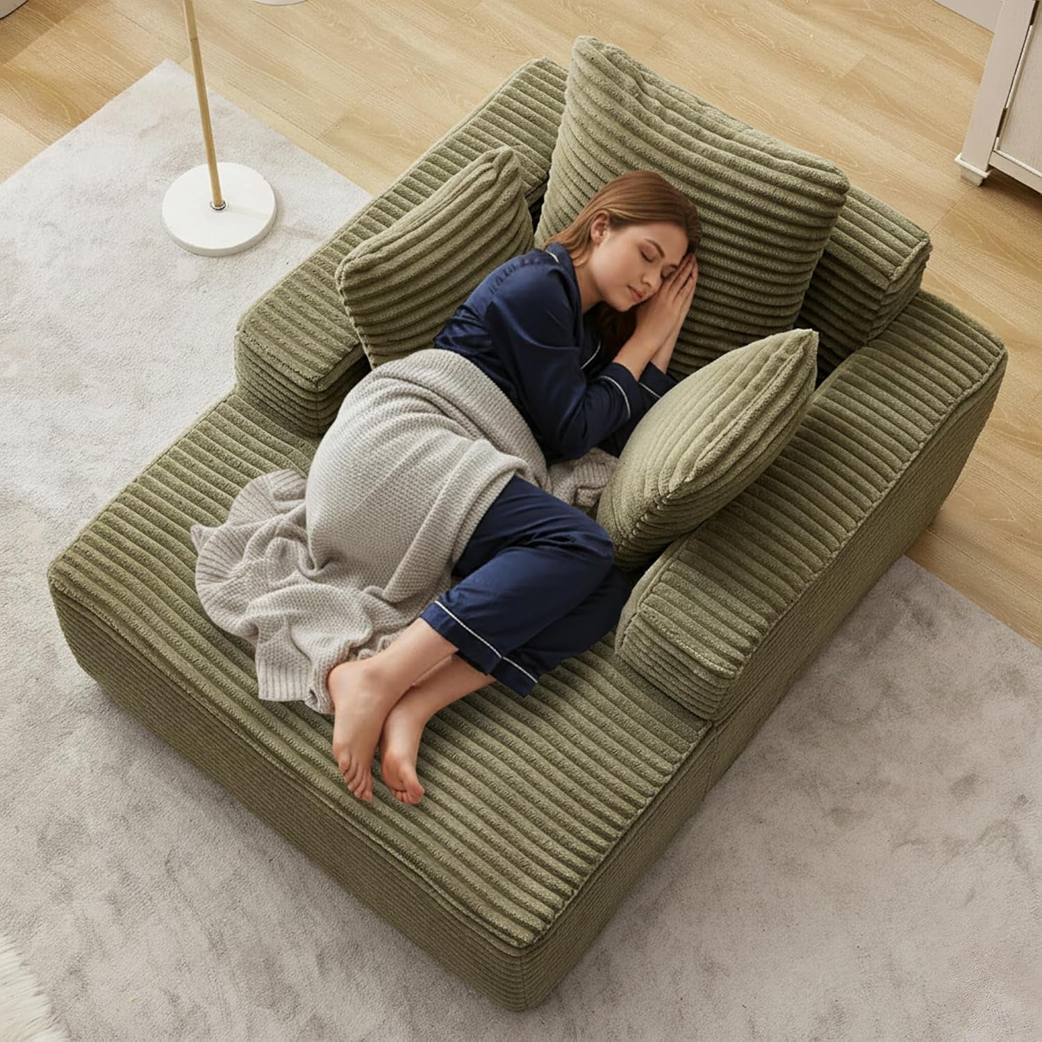 43"W Chaise Lounge Sofa Chair Indoor, Small Boneless Couches for Small Spaces, Fluffy Comfy Cloud Sofa in a Box, Compression Foam Sleeper Sofa for Living Room&Apartment, Plush Corduroy (Green)