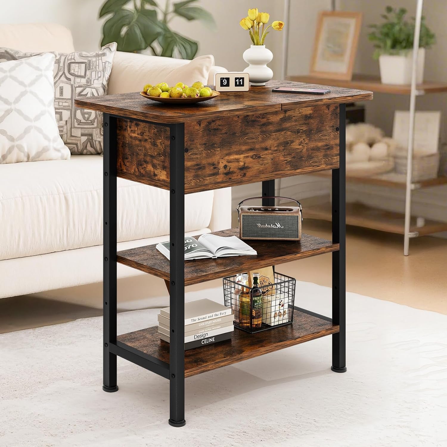 End Table with Charging Station, Flip Top Side Table with USB Ports and Outlets, 3-Tier Small Side Table with Storage for Small Space, End Tables for Living Room/Bedroom, Brown
