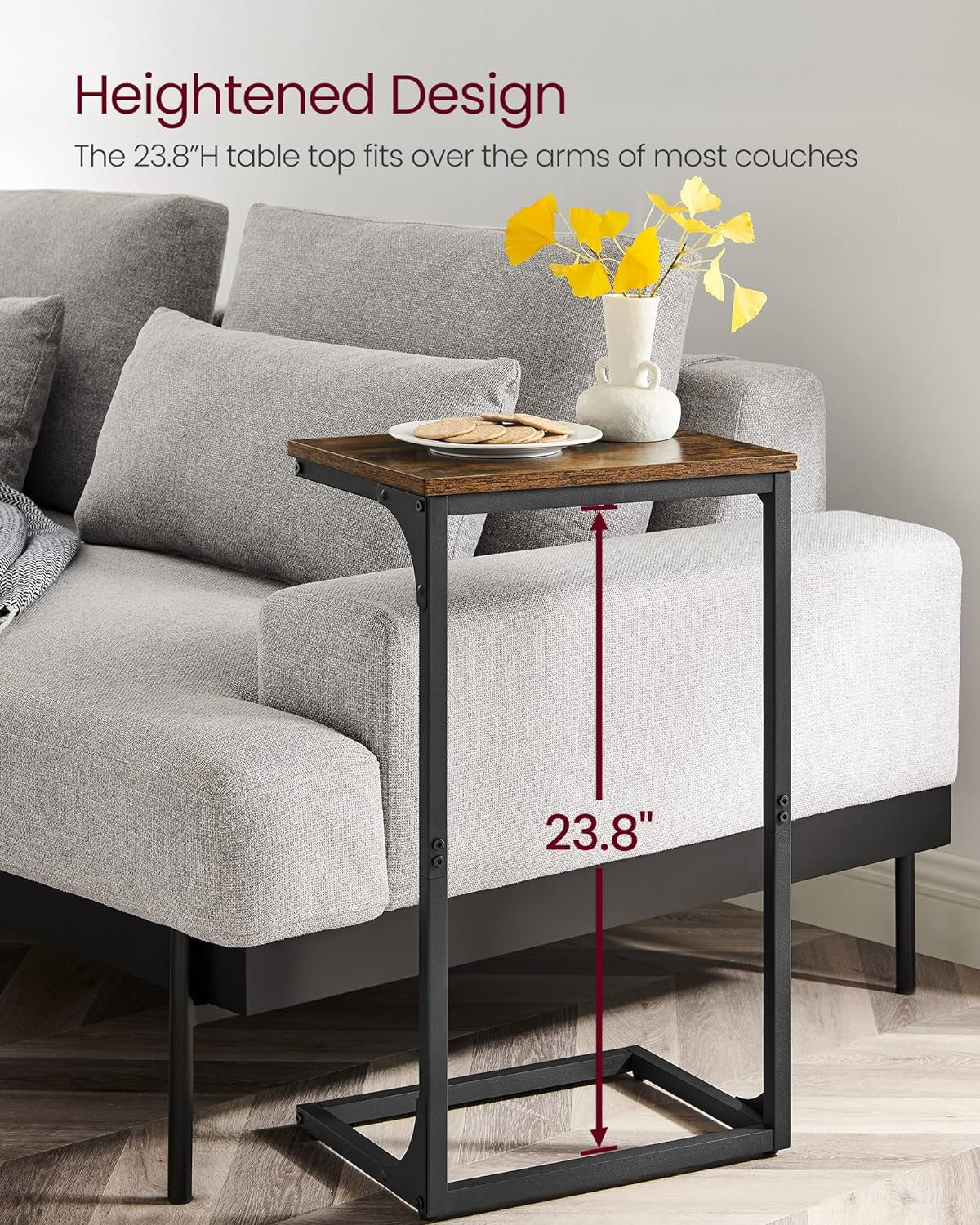 C-Shaped End Table, Side Table for Sofa, Couch Table with Metal Frame, Small TV Tray Table for Living Room, Bedroom, Rustic Brown and Black