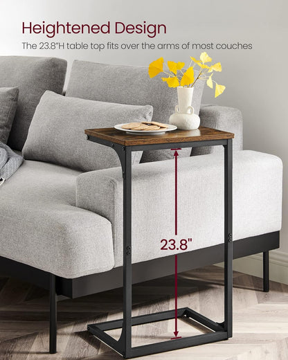 C-Shaped End Table, Side Table for Sofa, Couch Table with Metal Frame, Small TV Tray Table for Living Room, Bedroom, Rustic Brown and Black