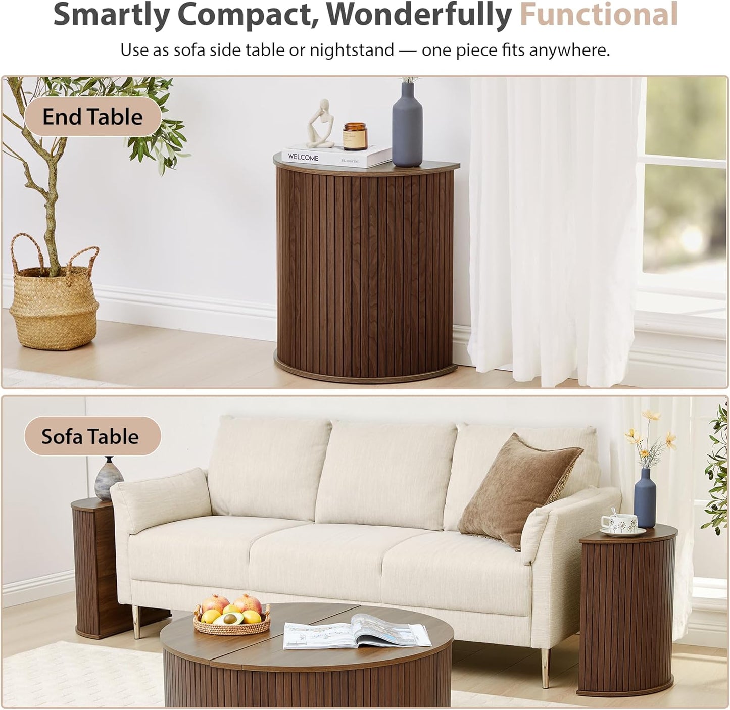 Nesting round Side Table Set of 2, Half-Moon End Tables with Storage Lids, Accent Fluted Bedside Tables with Metal Frame, Sofa Table Nightstand for Bedroom Living Room (1 Round, Walnut)