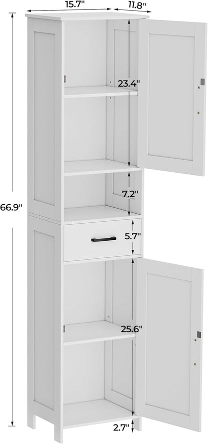 67" H Tall Bathroom Storage Cabinet with 2 Barn Doors and 1 Drawer, Narrow Storage Unit, Adjustable Shelves, Floor Cabinet for Bathroom, Living Room, Entryway, Kitchen, White, (15.7" W)