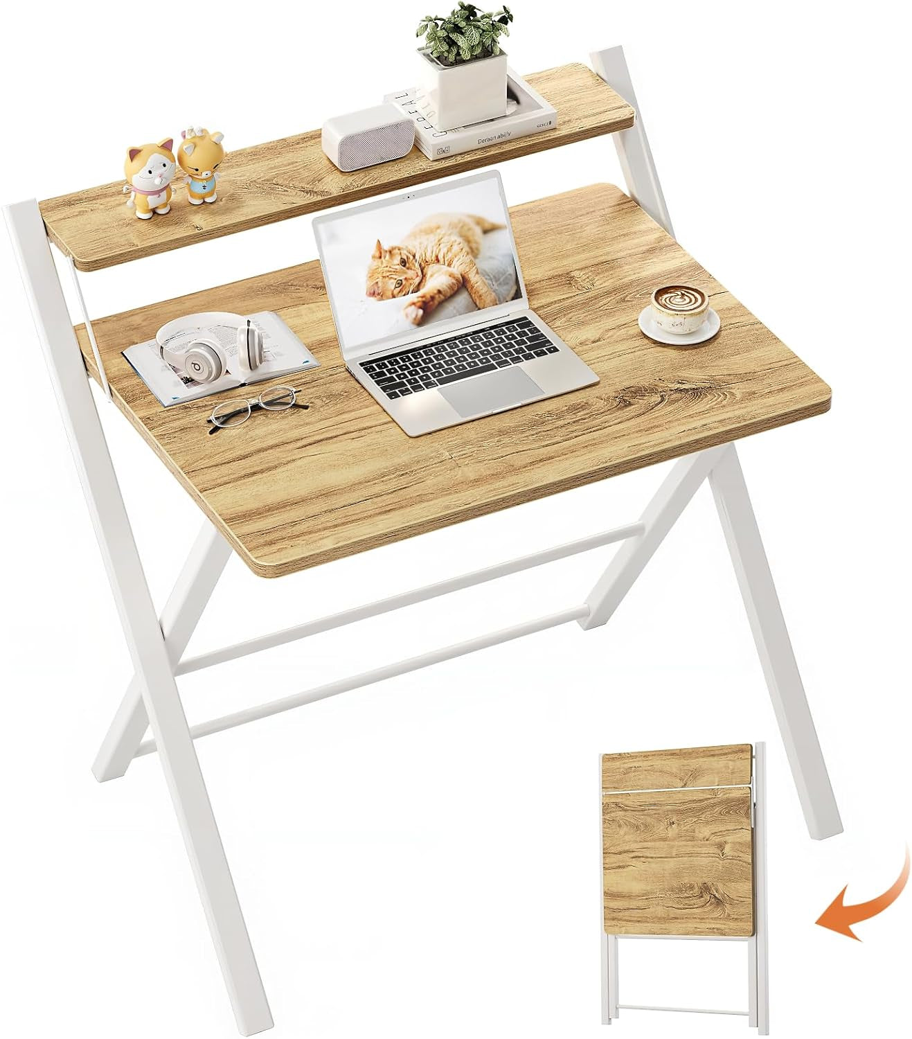 No Assembly Folding Desk, 2-Tier Compact Computer Desk with Shelf, 30 Inch Space Saving Foldable Table for Home Office, Dorm or Apartment, Portable Collapsible Sturdy Laptop Desk, Oak