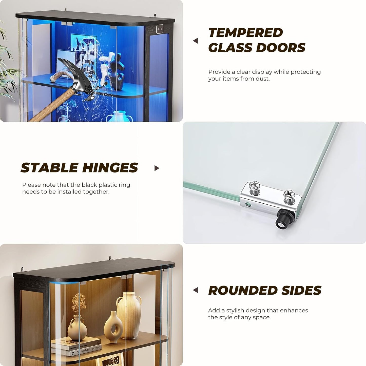 Rounded Display Cabinet with Glass Door, 3-Tier Curio Cabinet with 3 Color Lights for Collectibles, Glass Display Case with Transparent Full-Display Surface, Human Body Sensor, Black