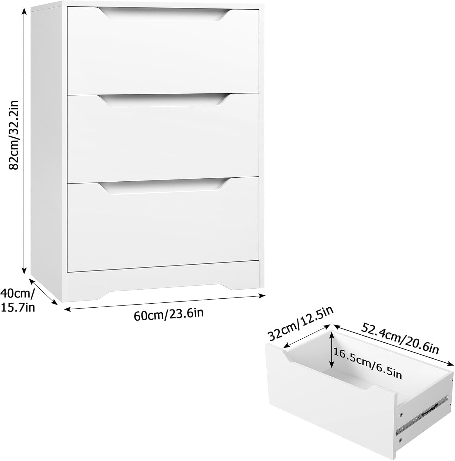 Modern 3 Drawer Dresser, Wood Chest of Drawers with Storage, Tall Nightstand with Cut-Out Handles, Side End Table, Accent Storage Cabinet for Living Room, Entryway, White