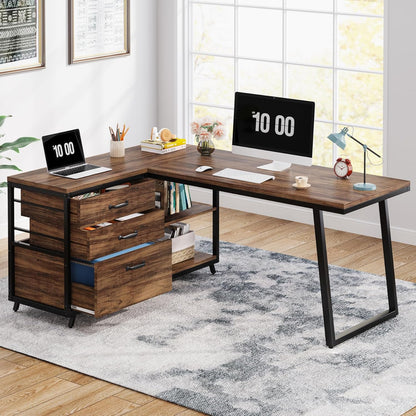 L-Shaped Computer Desk with 3 Drawers, Reversible Corner Home Office Desk with Shelves, 53-Inch Industrial PC Desk Study Writing Table Workstation for Small Space, Rustic Brown