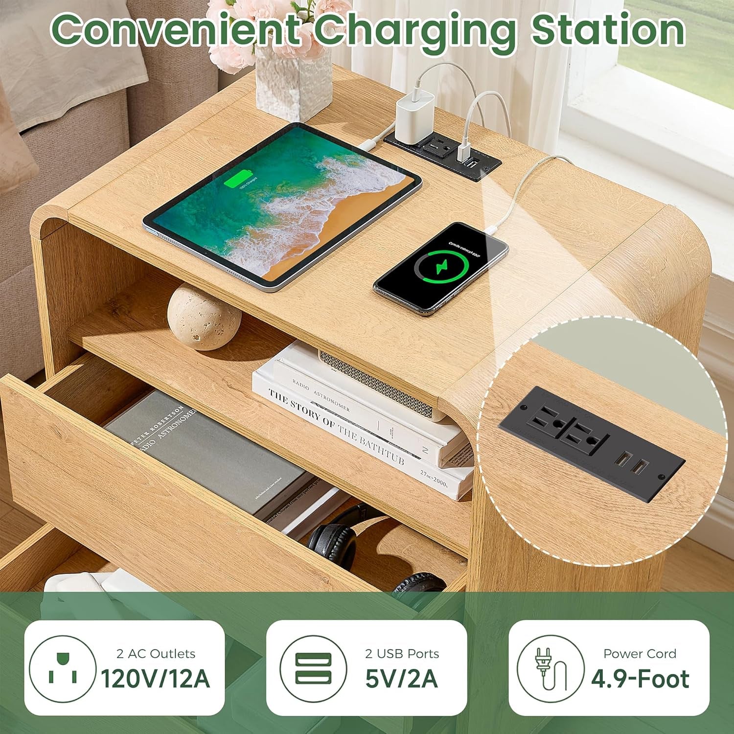 Modern Nightstand Set of 2, 23.2" Large Wood Bedside Table with Charging Station & Curved Profile, 2 Storage Drawers Side Table, Mid-Century End Table Night Stand for Bedroom Sofa Natural