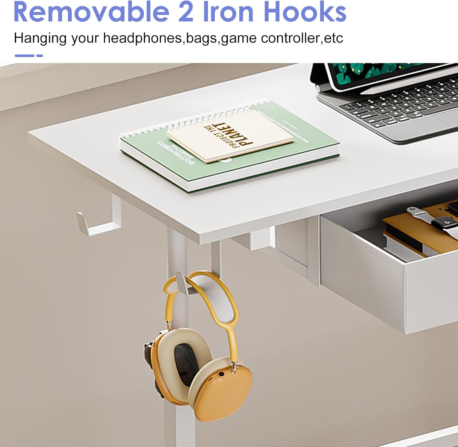 Samll White Standing Computer Desk with Drawers,Height Adjustable Home Office Sit Stand up Desk with 4 Wheels & 2 Hooks,Portable Rolling Work Study Gaming Table for Laptop Tablet Walking Pad Treadmill