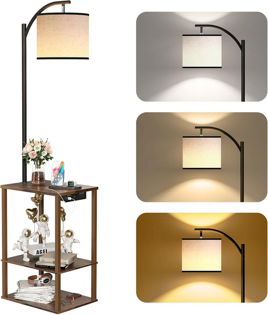 Floor Lamp with Table, End Table for Living Room with Lamp, Shelves Side Table with Charging Station(Usb & AC Port), 3 Color Temperature LED Bulb, Modern Nightstand Lamp for Bedroom, Office