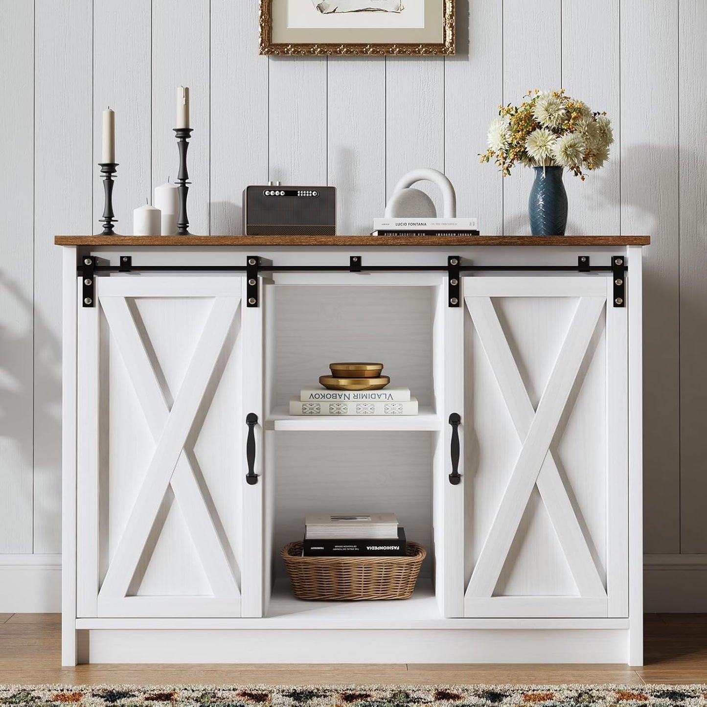 Coffee Bar Cabinet with Sliding Barn Doors, 42”Farmhouse Buffet Cabinet with Storage for Kitchen, Coffee Bar with Adjustable Shelf for Dining Room, White