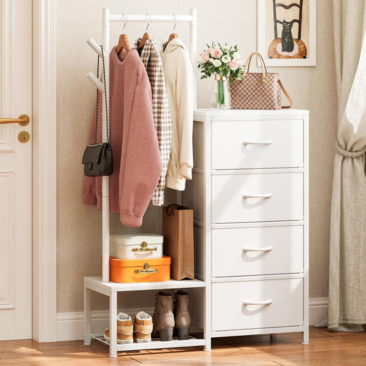 Small Dresser for Bedroom with Clothes Hanging Rack, Reversible Bedroom Dresser with Shoe Rack & 4 Fabric Drawers, 3-In-1 Storage Chest of Drawers with Storage Shelves & Tree Hooks, White