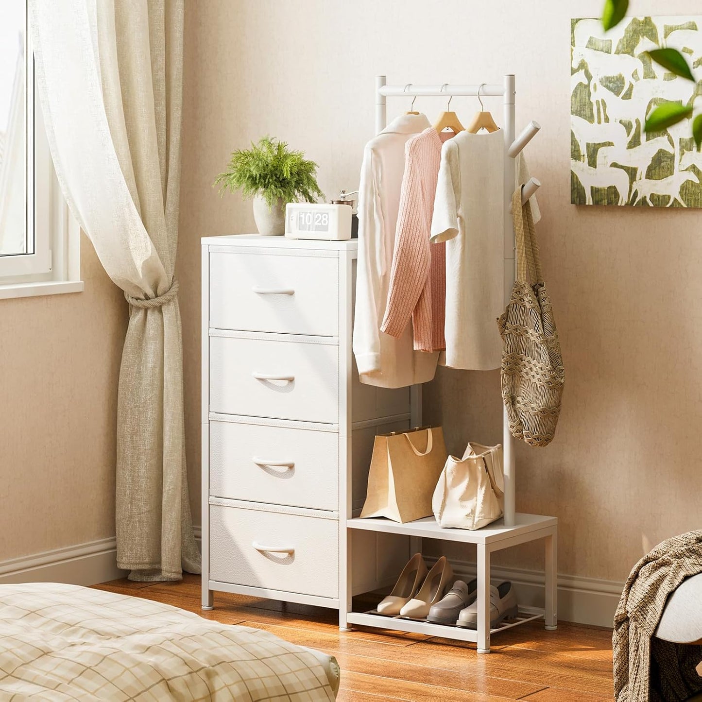 Small Dresser for Bedroom with Clothes Hanging Rack, Reversible Bedroom Dresser with Shoe Rack & 4 Fabric Drawers, 3-In-1 Storage Chest of Drawers with Storage Shelves & Tree Hooks, White