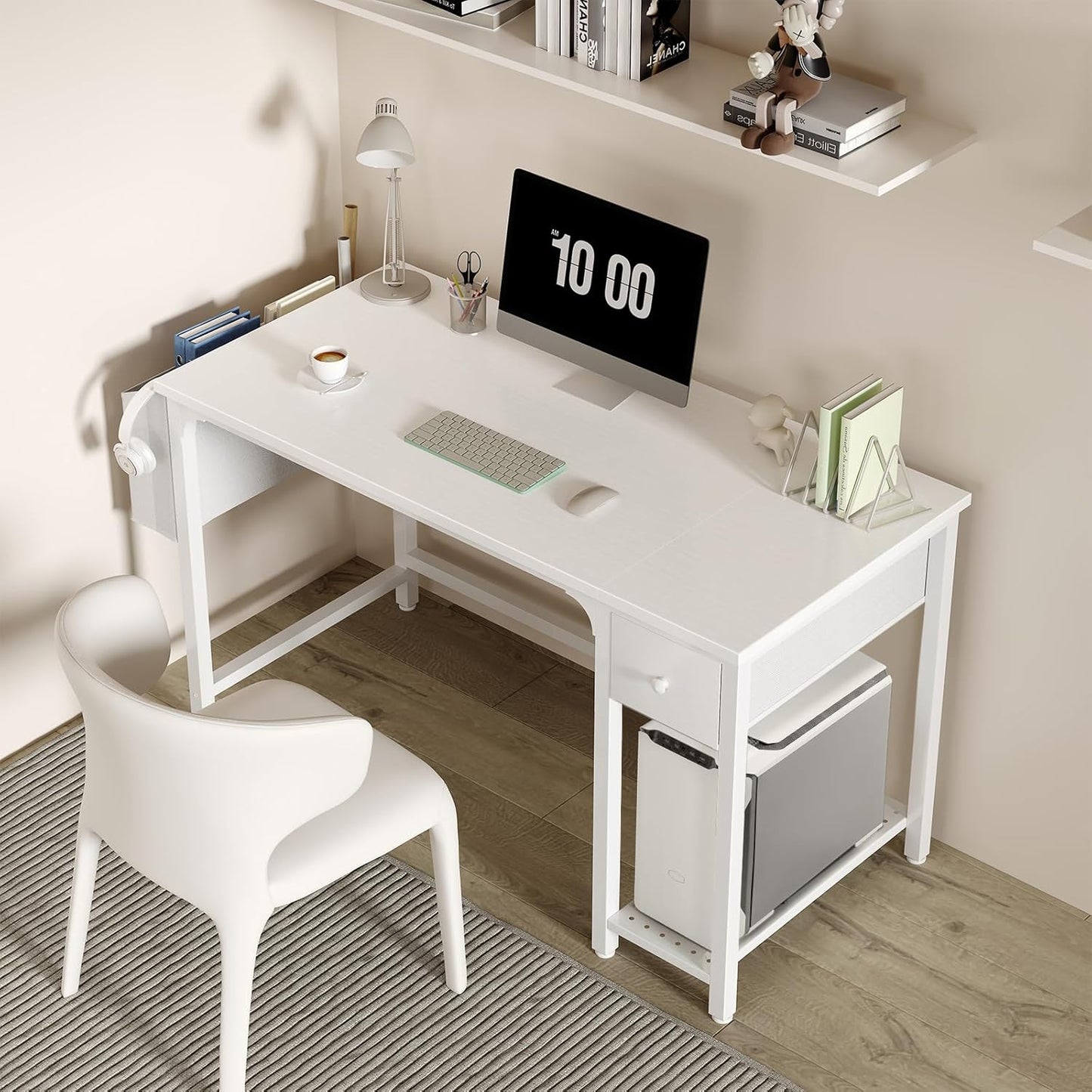 White Computer Desk with Drawers - 47 Inch PC Desk for Small Space Bedroom Home Office, Modern Simple Study Writing Table Desks with Storage Shelf, White