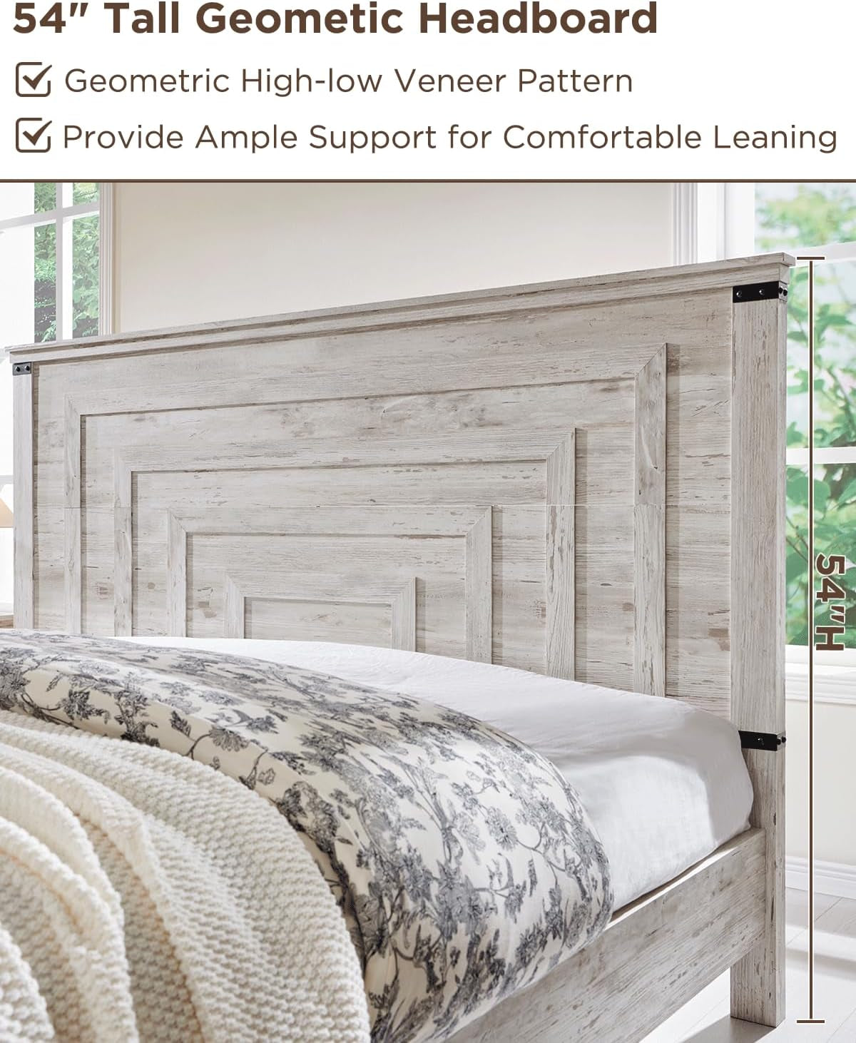 Farmhouse King Size Wood Bed Frame with 54" Tall Geometric Headboard, 2 Large Storage Drawers, Solid Wood Slats Support, Noise Free, No Box Spring Needed, Antique Brush White