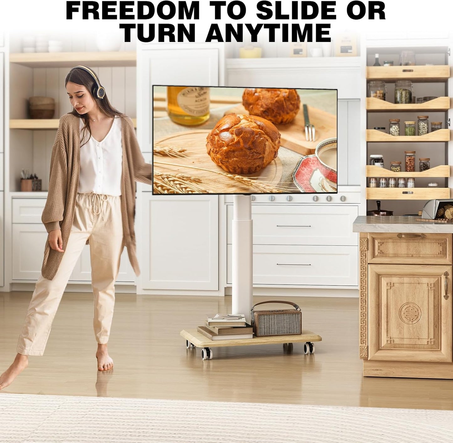 Rolling TV Stand for 32 to 65 70 Inch Tvs, Elegant Floor TV Stand with Wheels, Mobile TV Cart with 9 Levels of Height Adjustment for Optimal Viewing, White Floor Stand for Living Room