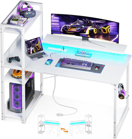 Reversible Gaming Desk with USB Charging Port and LED Lights, 40 Inch Computer Desk with Storage Shelves & Monitor Stand, Writing Study Table for Home Office, Small Space Bedroom, White