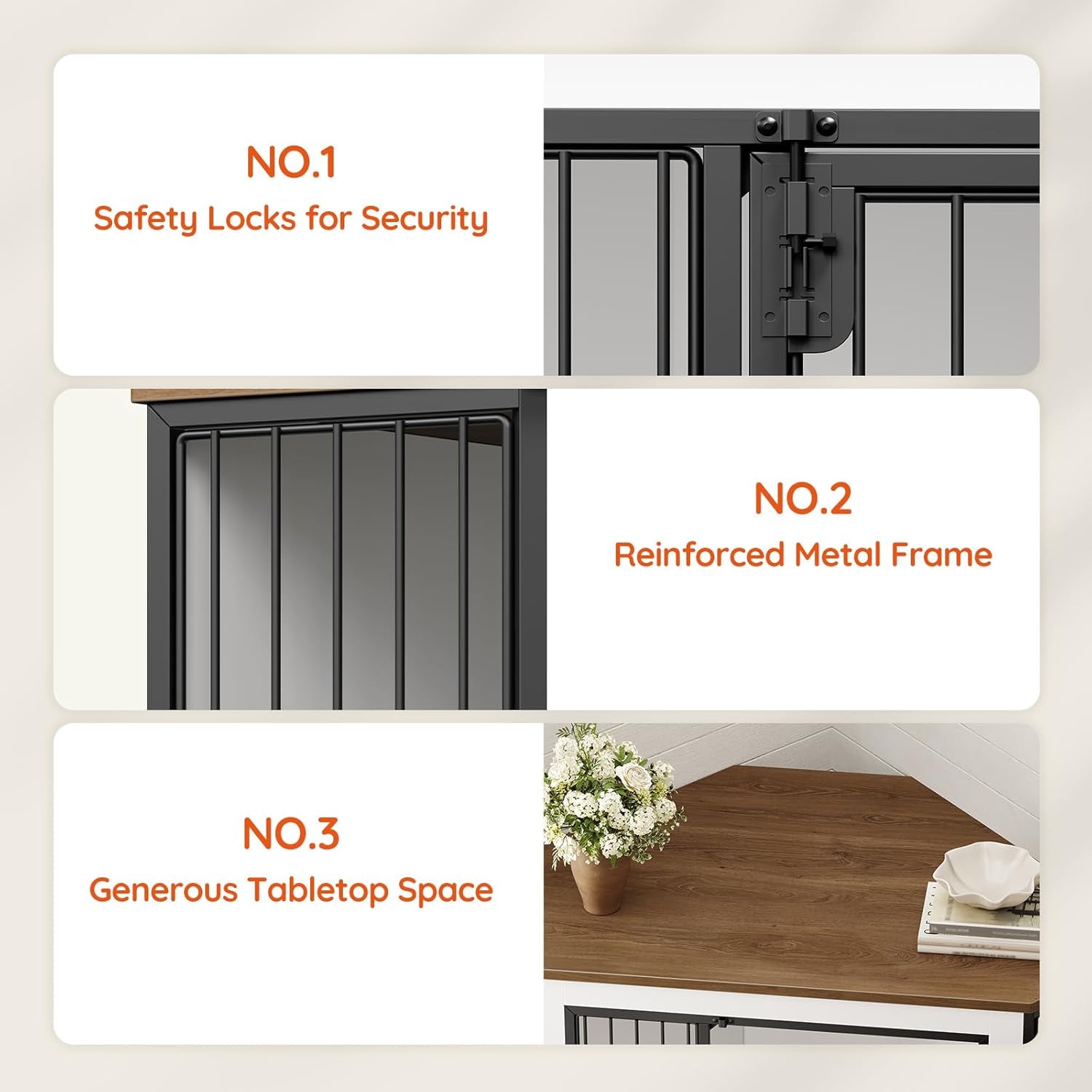 Corner Dog Crate Furniture, Decorative Dog Kennel End Table, Farmhouse Dog Crate TV Stand for Small and Medium Dogs, Walnut, White and Black BWH90GW03