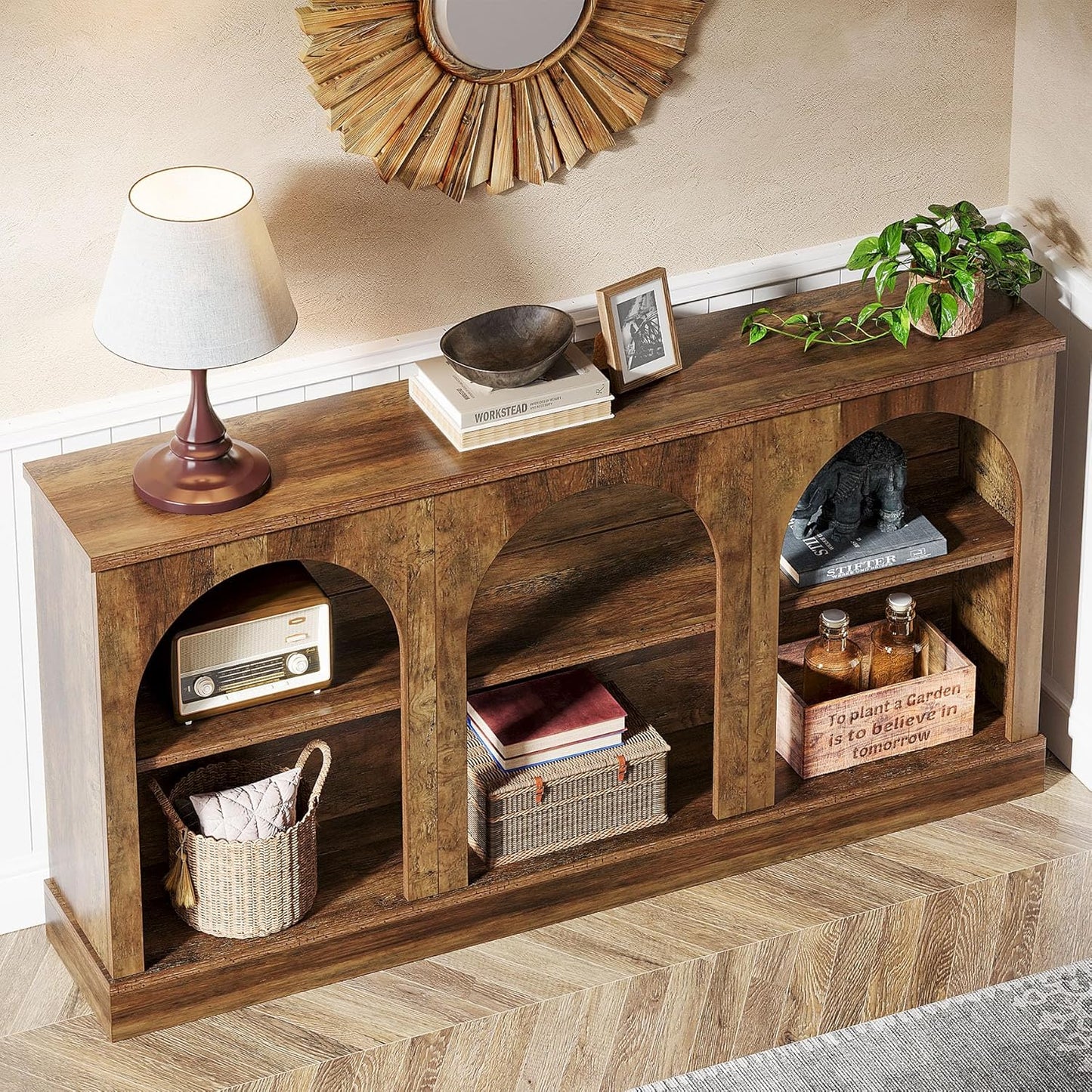 Farmhouse Console Table, 63-Inch Long Entryway Table with 3 Tier Storage, Wooden Rectangular Sofa Table behind the Couch for Entrance, Hallway, Living Room, Brown