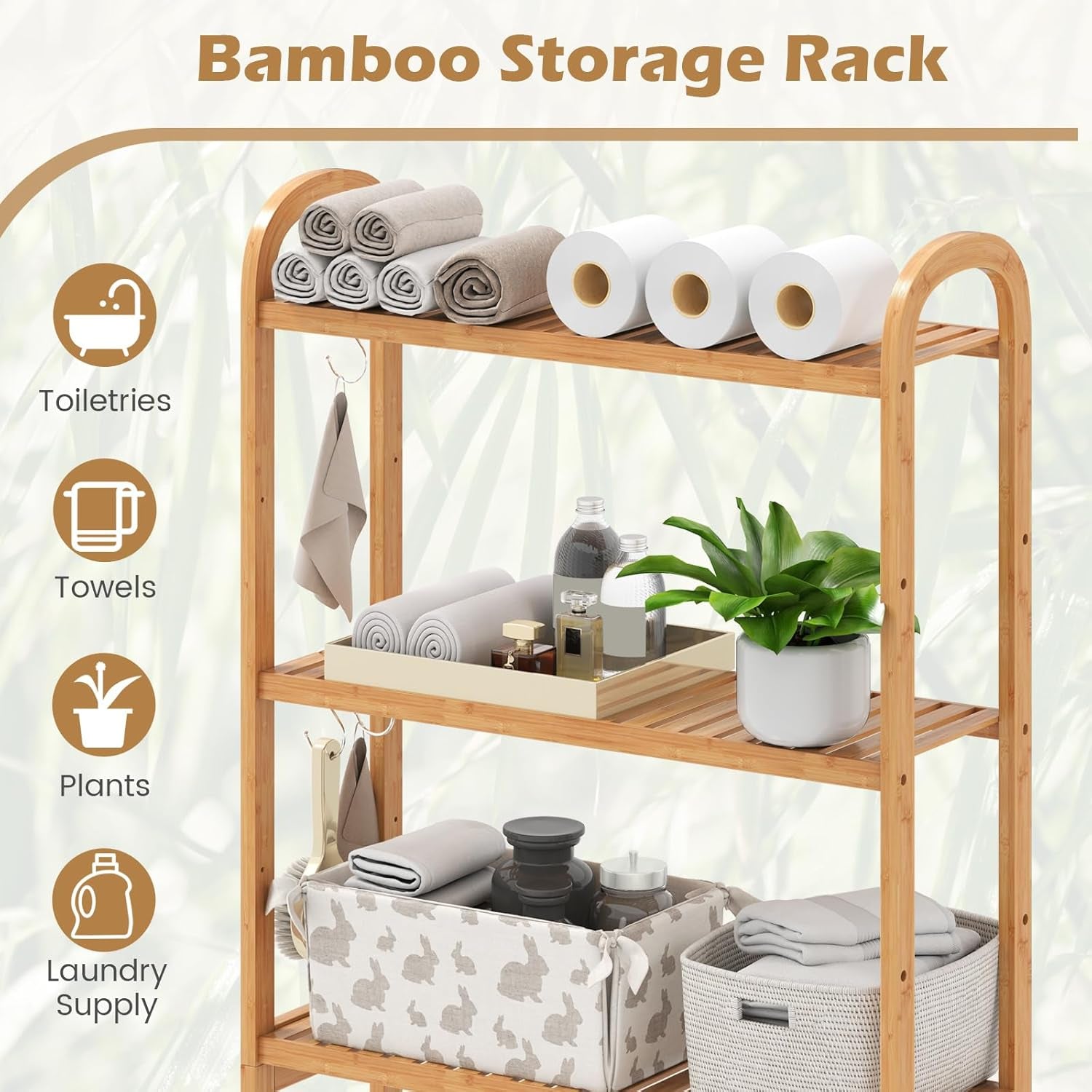 over the Toilet Storage, 3-Tier Bamboo Toilet Rack with 5-Position Shelves, 3 Hooks, Adjustable Bottom Bar, Freestanding Bathroom Shelf Organizer for Laundry Room, Space Saver, Natural