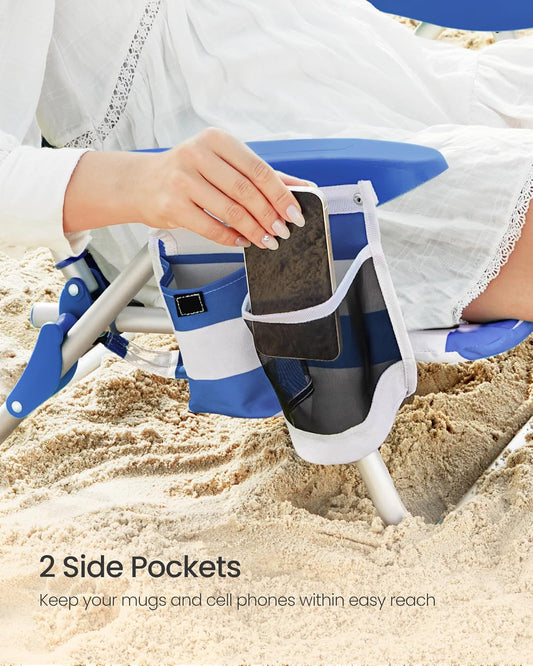 Portable Backpack Beach Chair, 331 Lb Capacity, 4 Angles Adjustable Backrest, 2 Side Pockets, Towel Bar, Blue and White UGCB62BU