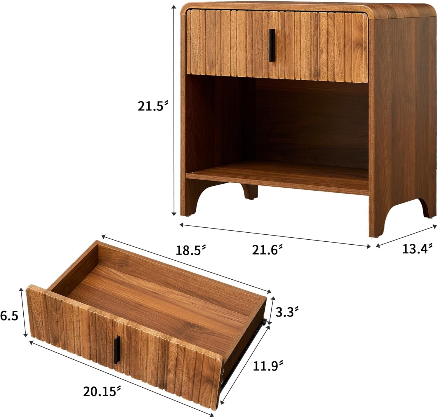 Fluted Night Stand Set of 2, Modern Nightstand Curved Profile, Drawer and Open Shelf - Bedside Table Wood Side Table Set for Bedroom (Walnut-2 Nightstands)