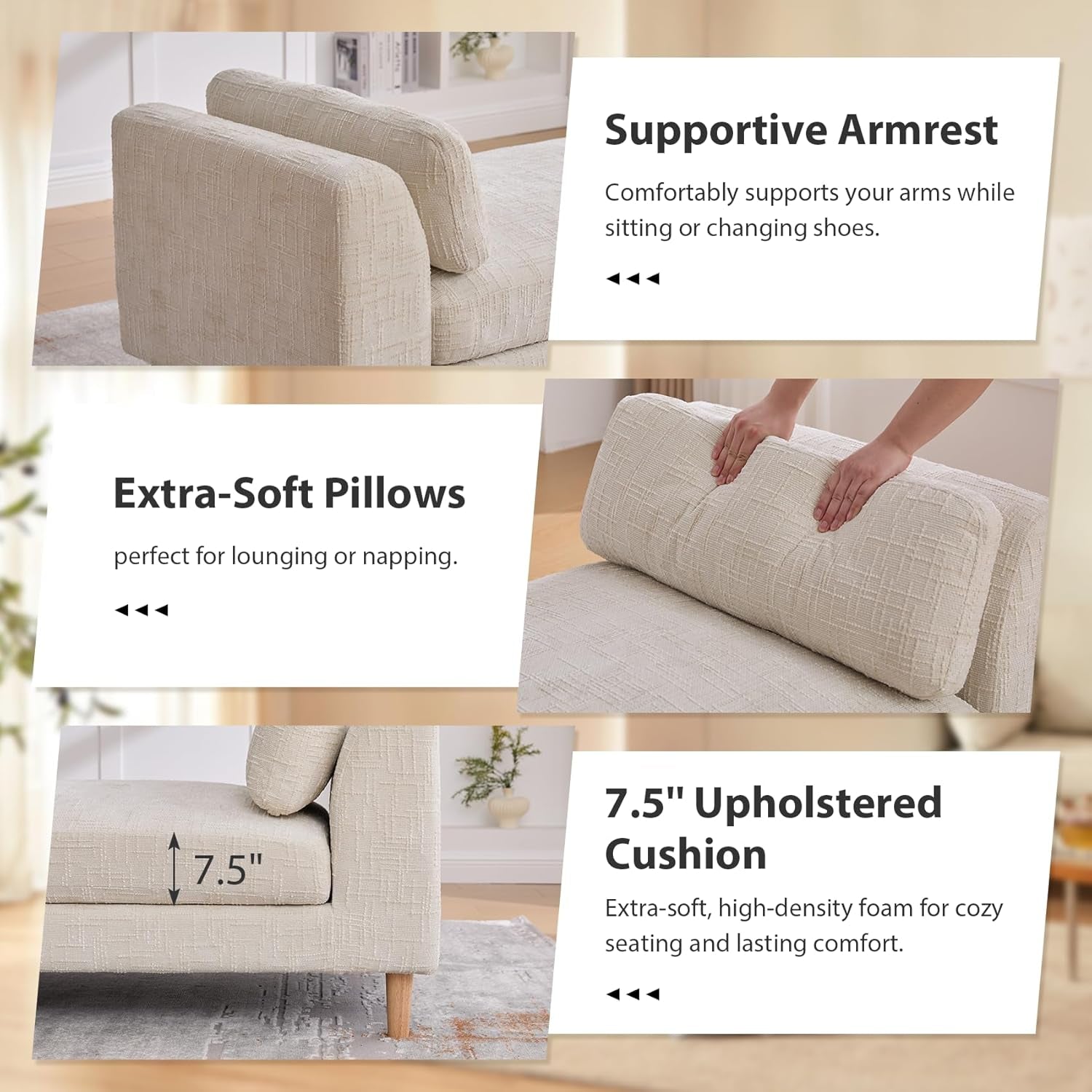 83.1" Oversized Chaise Lounge, Chenille Upholstered End of Bed Bench with Arms, Sleeper Sofa Daybed with 2 Pillows for Bedroom, Living Room, Window Seat, Beige.