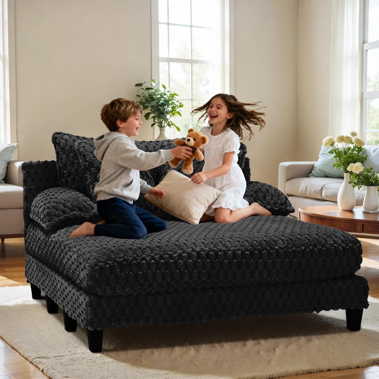 Faux Fur Chaise Lounge Indoor with Adjustable Backrest, 59 Inches Single Sleeper Sofa Chair with 3 Lumbar Pillows, Upholstered Oversized Lounge Chair for Living Room, Bedroom, Office