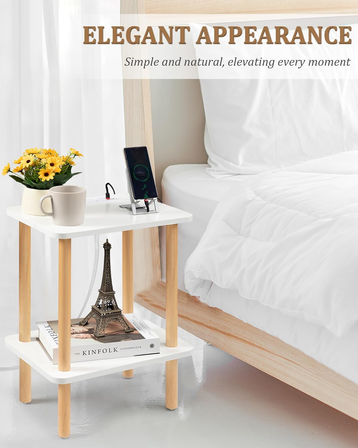 End Table with Charging Station, End Tables with USB Ports and Outlets, Small Side Table for Living Room, Bedroom & Office, Two-Tier Narrow Side Table, Easy Assembly