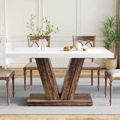 47 Inches Dining Table for 4, Modern Dining Room Tables, Rectangle Kitchen Table with V-Shaped Pedestal, Wooden Dinner Table for Dining Room, Living Room (Rustic Brown & Carbon Black)