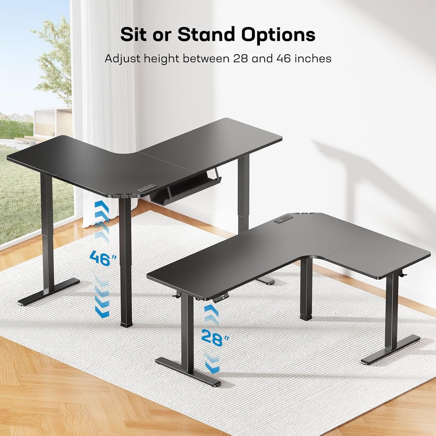 63″ Dual Motor L-Shaped Standing Desk, Built-In Power Outlets, Electric Height Adjustable Corner Computer Desk, Large Power Strip Holder, Sit Stand up Desk with 3 Preset Heights, Black