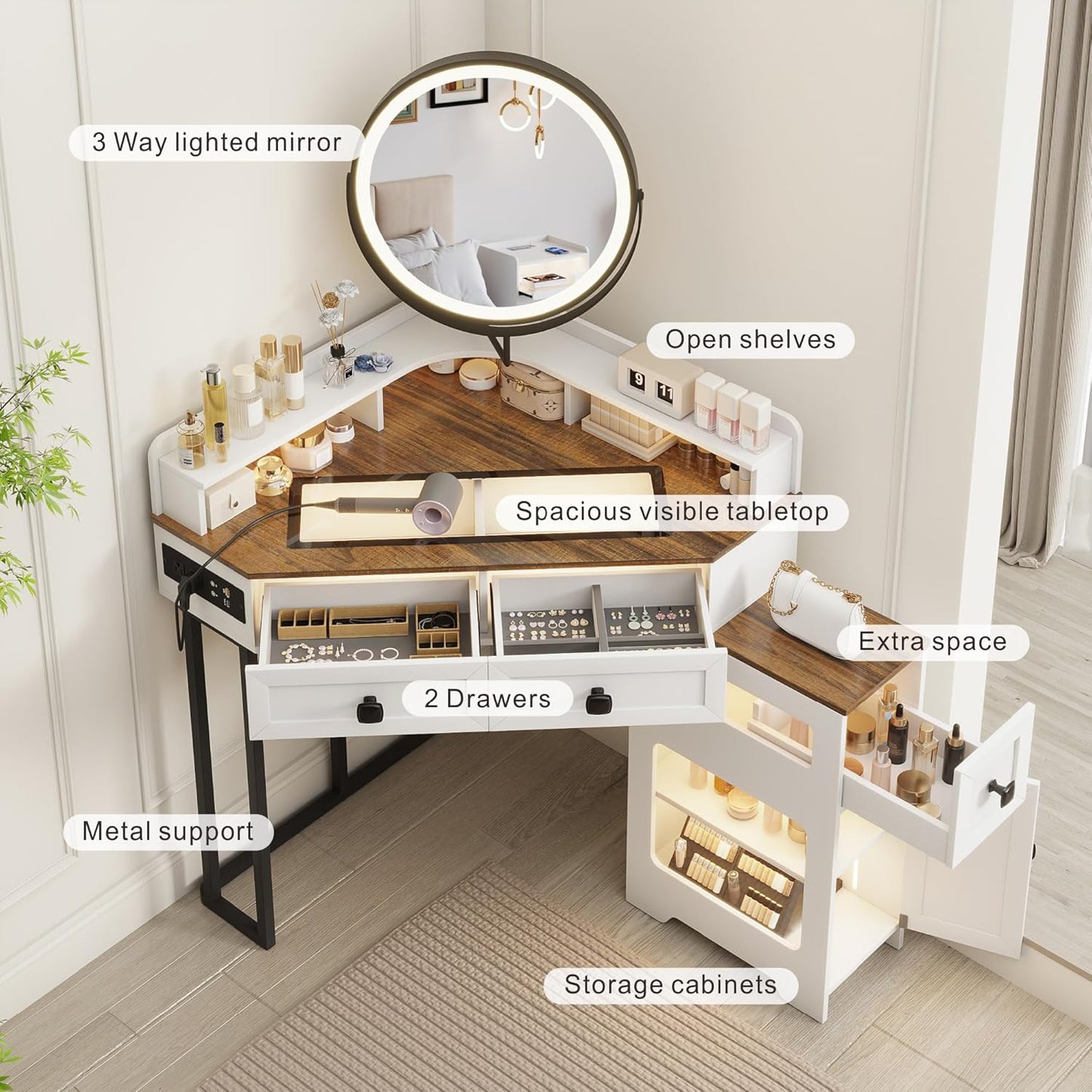 Corner Vanity Desk with Mirror and Lights, Modern Makeup Vanity with Charging Station & Human Sensor Light, Glass Top Dressing Table with 4 Drawers & Shelves for Bedroom (White)