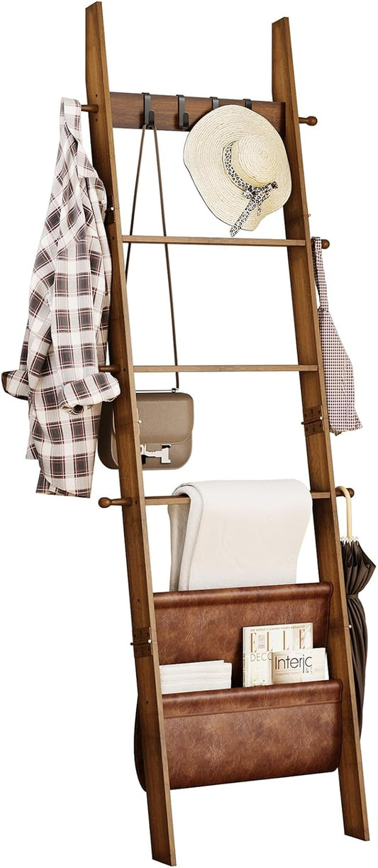 Blanket Ladder, 5-Tier Farmhouse Wooden Rack with Synthetic Leather Pocket, 4 Removable Hooks, Decorative Leaning Ladder Shelf, Walnut