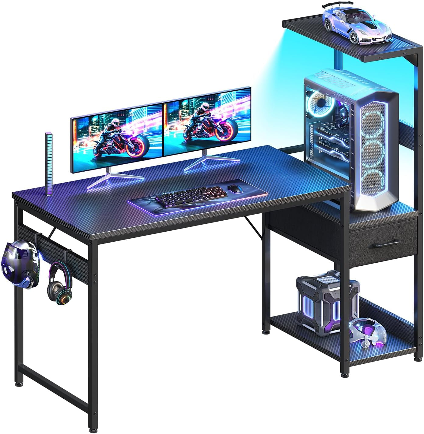 48 Inch Gaming Desk with Storage & LED Lights, Reversible Computer Desk with Display Shelves & Fabric Drawer, Modern Gamer Desk Table with Side Headphone Hook, Carbon Fiber Black