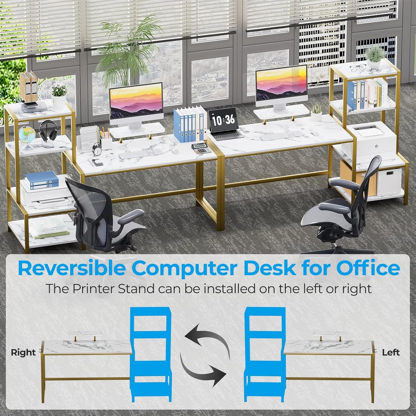 Computer Desk 67 Inch with Printer Shelf, Reversible Office Desk with Monitor Stand and 2 Hooks, Home Desk Workstation for Study Writing Working Gaming, Marble