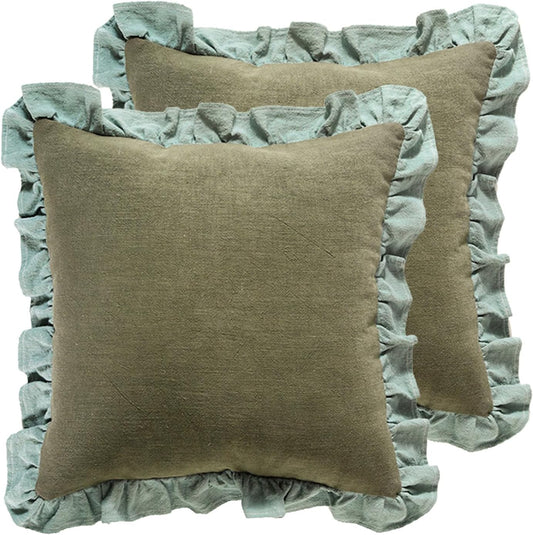 Green Shabby Chic Decorative Throw Pillow Covers 18X18 Set of 2,Farmhouse Linen Pillow Covers with Ruffles,Square Sturdy Throw Pillow Case for Couch Sofa Bed Living Room
