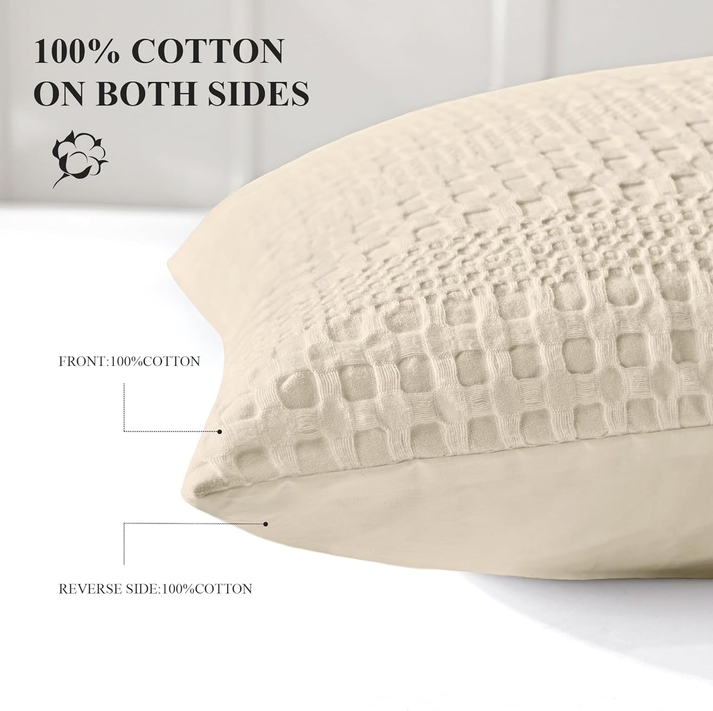 100% Coton Waffle King Size Pillow Cases Set of 2, Soft Aesthetic Pillow Shams Covers 2 Pack, Breathable Decorative Pillowcases without Inserts, 20 X 36 Inches Beige