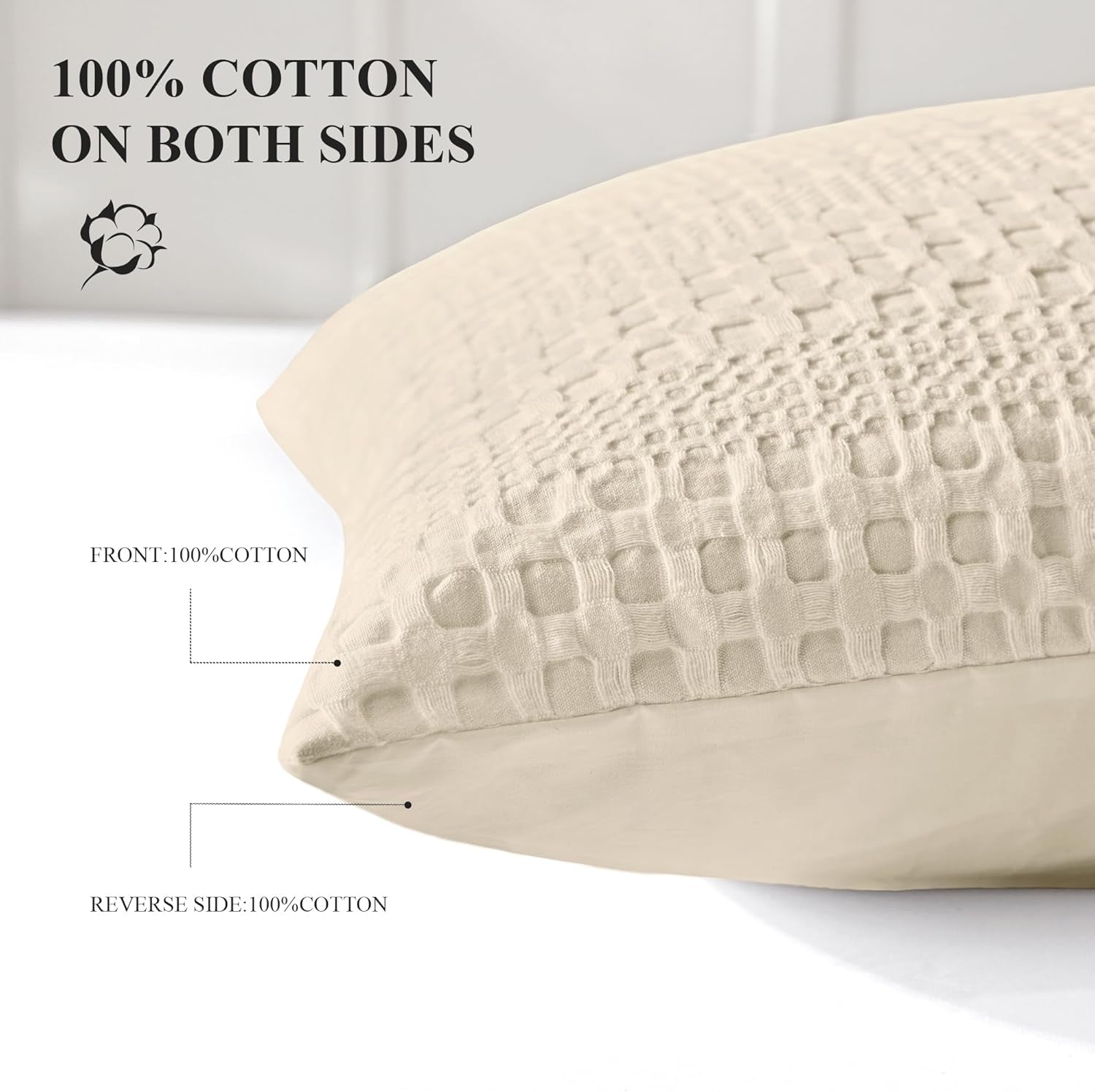100% Coton Waffle King Size Pillow Cases Set of 2, Soft Aesthetic Pillow Shams Covers 2 Pack, Breathable Decorative Pillowcases without Inserts, 20 X 36 Inches Beige